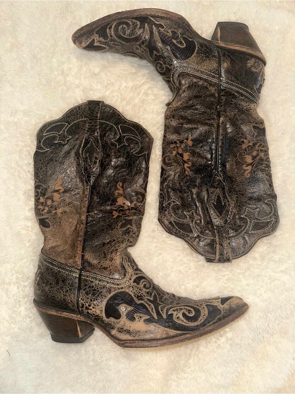 Distressed Black and Brown Embroidered Western Cowboy Boots